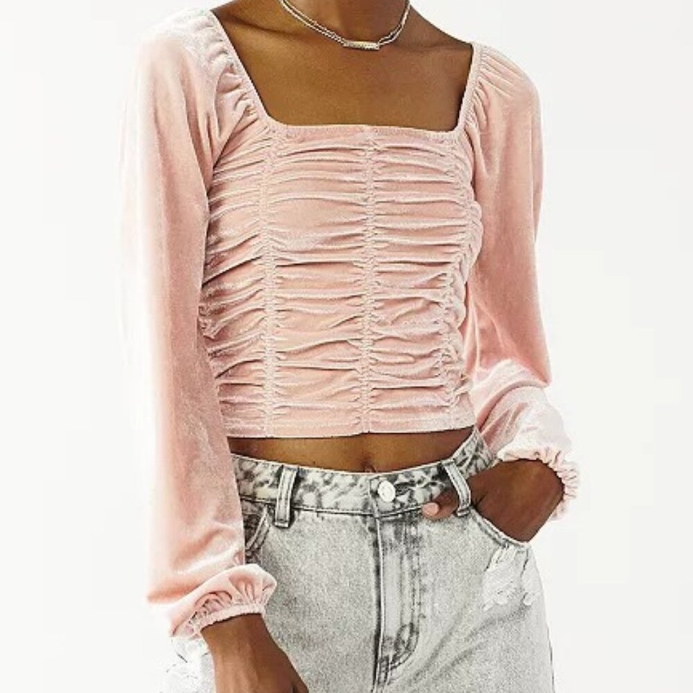 Pink‎ Velvet Crop Peasant Top Y2K Fairy Coquette Size S Cottagecore Milkmaid
